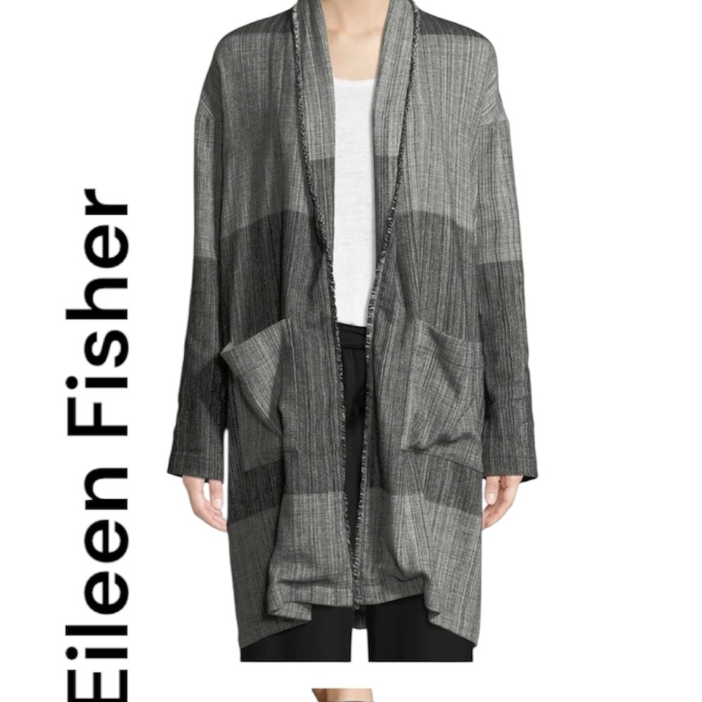 Eileen Fisher Black Organic Cotton Hazy Blocks Shawl Cardigan Jacket L/XL